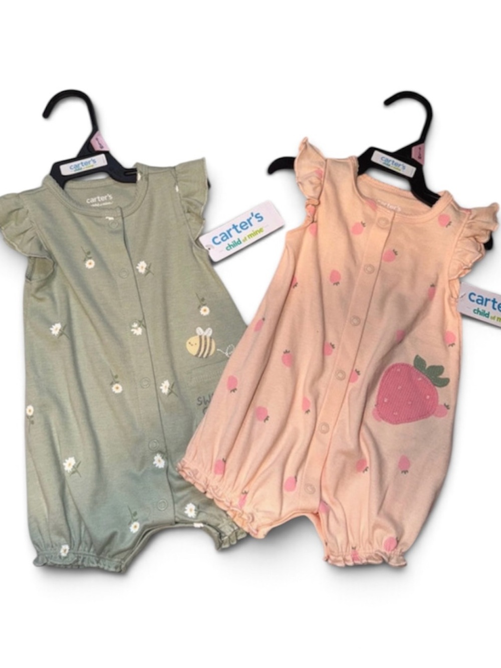 Carter's Sage Green Bee & Peach Pink Strawberry One-Piece Rompers - 2 Pack